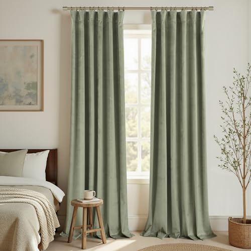 KOUFALL Sage Green Velvet Curtains for Bedroom Aesthetic Subtle Textured
