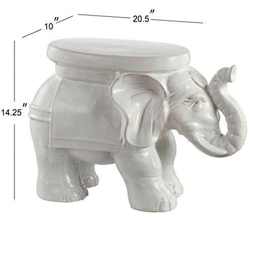 JONATHAN Y White Elephant 14.25" Glazed Ceramic Elephant Garden Stool, Weather-Resistant Indoor/Outdoor Patio Side Table and Plant Stand, Bohemian, Antique White TBL1007A by JONATHAN Y - Image 3