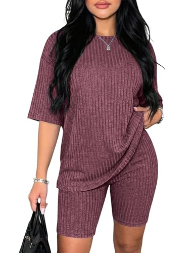 Image of Ekouaer Pajamas 2 Piece Lounge Sets Ribbed Knit Matching Outfits T-shirt Biker Shorts Sleepwear Loungewear Sweatsuits