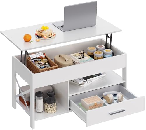 WLIVE Lift Top Coffee Table with Drawer 4 Storage Areas White