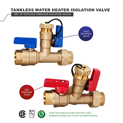 Image of Midline Valve GUHW-JTP56-U-MG-5 Tankless Water Heater Kit- Set of 2 Heavy Duty Hot and Cold Isolation Valves with Cleanouts, Forged Brass, 3 /4 in. FIP (5 Pack)
