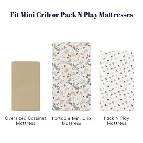 Image of PHF 3 Pack Soft Mini Crib Sheets, Leaf&Mushroom Pack N Play Sheets for Baby Boys Girls, No Slip Universal Fit for Pack N Play, Playard, Portable and Mini Crib Mattresses,Leaf&Mushroom