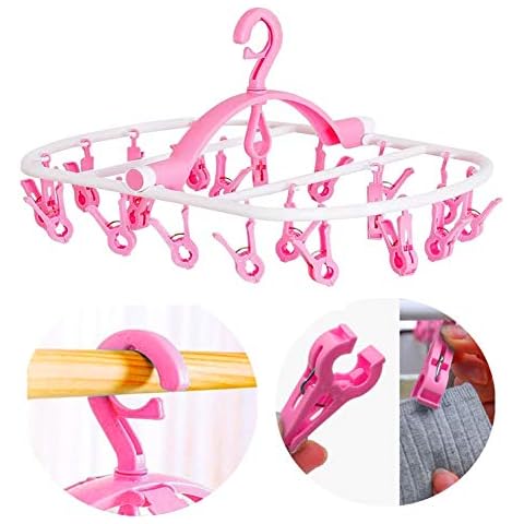 Laundry Hanger Drying Rack - Foldable Clip and Drip Hanger with 20 Pins, Clothes Drying Rack, Sock Hanger Plastic Travel Windproof Hook Diapers Baby Clothes Hanging(Pink) Cover