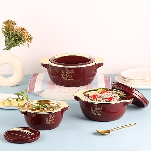 Image of CELLO Radiant Set of 3 Pcs Insulated Steel Casserole Hot Box For Kitchen, Burgundy (500ml, 1000ml, 1500ml) | Airtight Hot Pot Case Keeps Food Hot & Warm, Casserole Set For Roti Chapati Rice Biryani