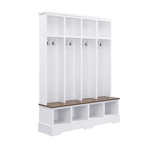 hoopoocolor 59" Farmhouse Hall Tree with Bench 8 Hooks, Shoe Storage Cabinet Mudroom Storage Locker, Entryway Bench with Coat Rack and Open Compartments, 76.7" Tall Drop Zone Organizer (White)