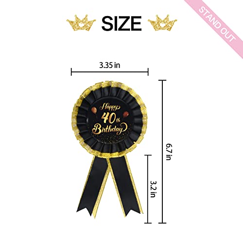 INNORU Happy 40th Birthday Tinplate Badge Pin, Satin Fabric 40th Birthday Pin, Cheers to 40 Years Rosette Button Pins, Happy Birthday Party Accessory Brooch Pin Party Decorations Black, Pack of 12
