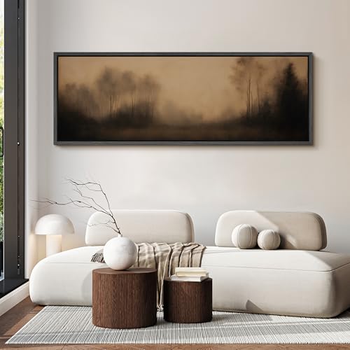 Image of MUDECOR Large Framed Canvas Print Wall Art Misty Forest Trees Moody Brown Landscape Antique Retro Ready to Hang Painting for Living Room Bedroom Multi-Sizes - 60 inchx20 inch