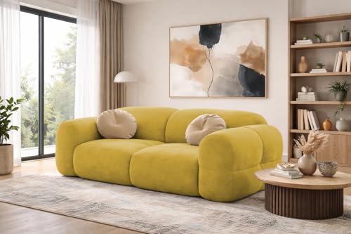 Image of Casaliving Vetras Modern Velvet Bubble Cloud Sofa, Tufted Design Upholstered 2 Seater Sofa Set for Living Room, (Yellow Colour) Premium Velvet Fabric Sofa