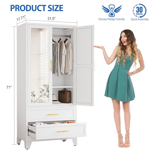 Image of GAIOUS Steel Armoire Wardrobe Closet with Mirror and 2 Drawers 71 inch White