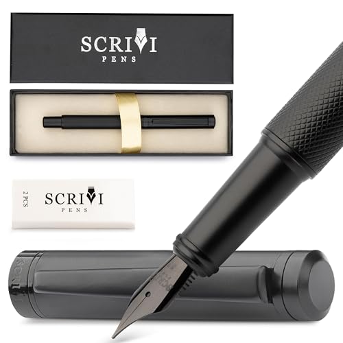 Scrivi Pens Luxury Fountain Pen Set-[Black] Fountain Pens for Writing - Smooth Fine Nib - Includes Refillable Ink Converter, 5 Ink Cartridges [Black & Blue], Gift Box - Elegant Calligraphy