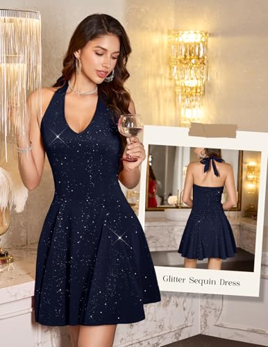 Image of HomRain Glitter Sparkle V Neck Cocktail Dress for Women 2026 A Line Backless Halter Sequin Homecoming Evening Party Dresses