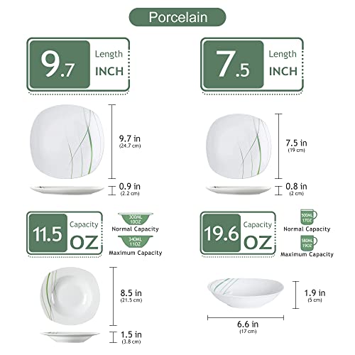 Veweet, Series Aviva, 24-Piece Ivory White Porcelain Dinnerware Set With Green Stripe Patterns, Including Dinner Plates, Dessert Plates, Soup Plates, Service For 6 #TOP2