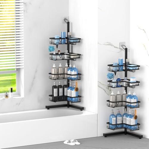Image of KEGII Floor Shower Caddy Standing - 4-Tier Corner Shower Organizer with Hooks & Soap Holder, Free-Standing Bathroom Storage Rack for Shampoo & Toiletries, Black