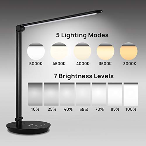 Led Desk Lamp, Consciot 12W Desk Light With Usb Charging Port, 5 Lighting Modes 7 Brightness Levels, Dimmable & Adjustable, Touch-Sensitive Control, 30/60 Min Auto Timer, Black #TOP2