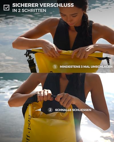 Foto von MNT10 Dry Bag “Cliff-Bag” in 20L, 30L, 40L I Drybag Rucksack für SUP, Kanu, Kajak I Wasserdichter Packsack mit Schultergurte I Seesack wasserdicht I + GRATIS wasserdichte Handyhülle (Gelb, 30L)
