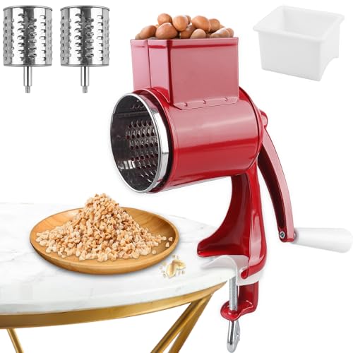 Manuelle Nussmühle mit 2 abnehmbaren Trommelblättern, Edelstahl Schnelles Schneiden Gemüsehobel, Manuelle Erdnussmühle mit Kurbel Nussmühle ideal als Nussreibe Mandelmühle Kartoffelreibe