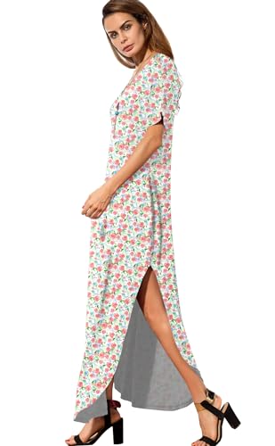 Image of GRECERELLE Women's Summer Maxi Dress Casual Loose V Neck Short Sleeve Side Split Long Dresses with Functional Pockets