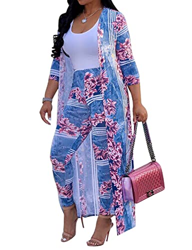 A ADILACA Womens 2 Piece Outfits Floral Print Open Front Cardigan and Pants Set (14 Color, S-4XL)