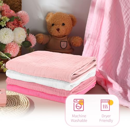 Image of Preboun 4 Pcs Muslin Hooded Baby Towels,32 inchx 32 inch Cotton Newborn Bath Towel Muslin Infant Baby Blankets Absorbent Unisex Newborn Registry Gift for Girls Boys(Pink Series)