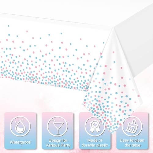 Image of 6Pack White and Pink Blue Plastic Tablecloth, White Disposable Table Cloth for Rectangle Tables, Pink Blue Stamping Dot White Tablecloth for Gender Reveal Baby Shower Birthday Party Supplies, 54 inchx108 inch