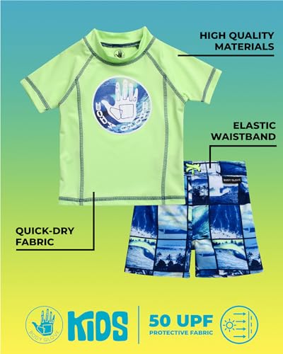 Body Glove Toddler Baby Boys' Rash Guard Set - 4 Piece UPF 50+ Short Sleeve Swim Shirt and Bathing Suit Swimsuit Set for Boys2