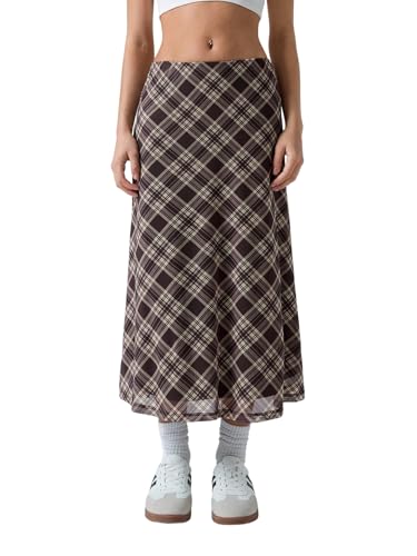 GORGLITTER Falda para mujer otoño Falda a cuadros Y2k Mesh Falda midi elástica de cintura alta Faldas A-line Falda larga de ocio casual Falda a cuadros casual, marrón, M
