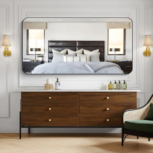 Image of KOCUUY 60 inchx30 inch Large Rectangle Vanity Mirror, Black Metal Frame Mirror with Rounded Corner, Modern Design of Upgraded Shatterproof Glass for Bathroom, Bedroom, Living Room, Entryway