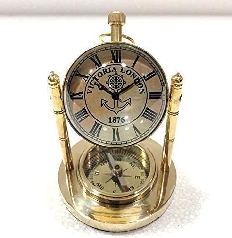 Vintage Desk Table Decorative Clock with Working Compass, 4 X 2.5 Inches, Gold Finish