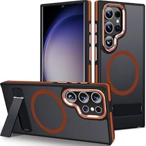 Case for Samsung Galaxy S24 Ultra with Kickstand, Compatible with MagSafe, Anti-Slip Galaxy S24 Ultra Case, 3-Modes Stand Military-Grade Protection, S24 Ultra Magnetic Cover (Black/Orange)