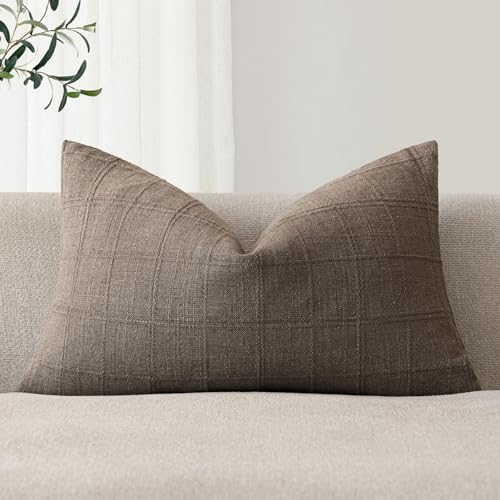 Image of Foindtower Set of 1 Decorative Linen Check Throw Pillow Cover Neutral Farmhouse Lumbar Cushion Cover Modern Boho Home Decor for Sofa Chair Couch Bedroom Living Room,12x24 Inch,Taupe Grey