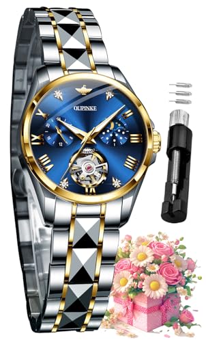 OUPINKE Women Automatic Watches Luxury Diamond Flywheel Two-Tone Stainless Tungsten Steel Band Moon Phase 24 Hours
