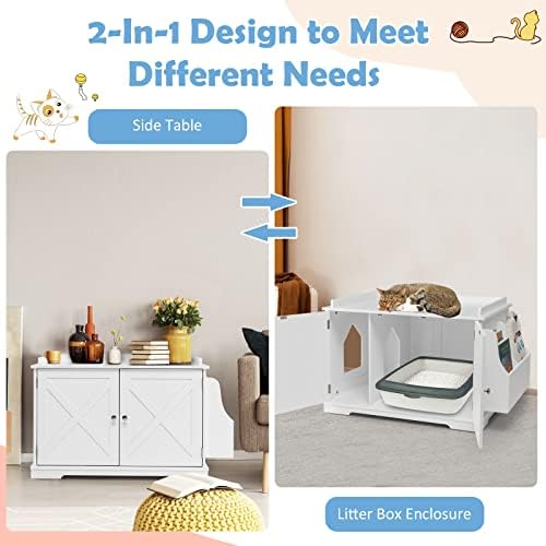 GYMAX Wooden Cat Litter Box Enclosure, Cat House Hidden Washroom Toilet with Hole, Doors, Storage Rack and Removable Panel, Indoor End Table Cabinet for Bedroom, Bathroom & Living Room