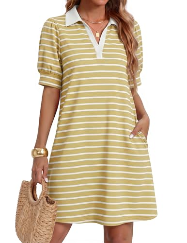 Image of ZESICA Womens Summer Striped T Shirt Mini Dresses 2026 Casual Lapel V Neck Short Sleeve Flowy A Line Beach Vacation Dress