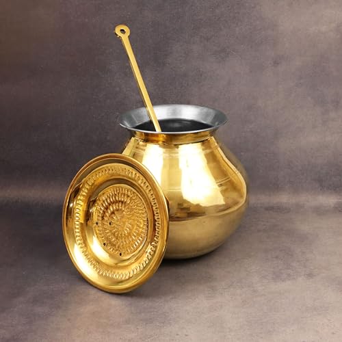 Image of Putrika Traditional Handcrafted Brass Utensil Pongal Pot Set|Pongal Paanai|Cookware|Urli|Heavy Weight with Lid and Ladle|Sankranthi Festival|Inner TIN Coating[Net Weight: 1.16kg](7 inch Set)