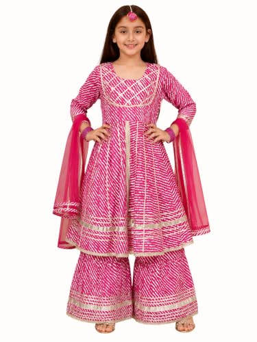 Image of Preneum Girl's Cotton Rayon Bandhani & Lahariya Printed Angrakha Kurta with Sharara & Dupatta