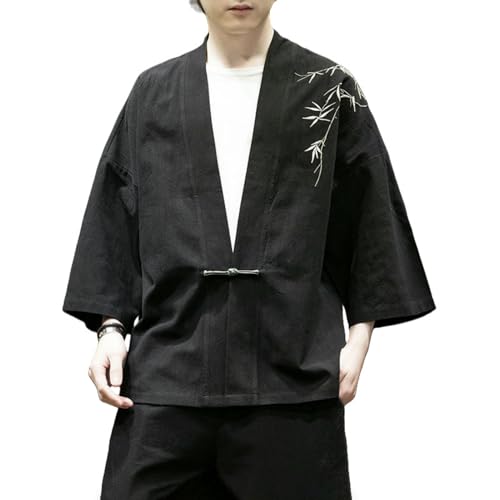 Cardigan chemise homme coton lin rétro à broderie pour style asiatique d'été