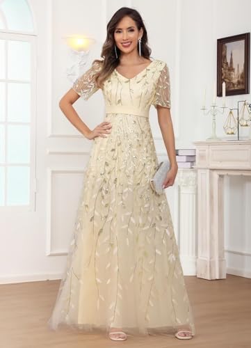 Sparkly Sequin Mother of The Bride Dresses for Wedding V Neck Short Sleeve Tulle A Line Long Formal Evening Gown4