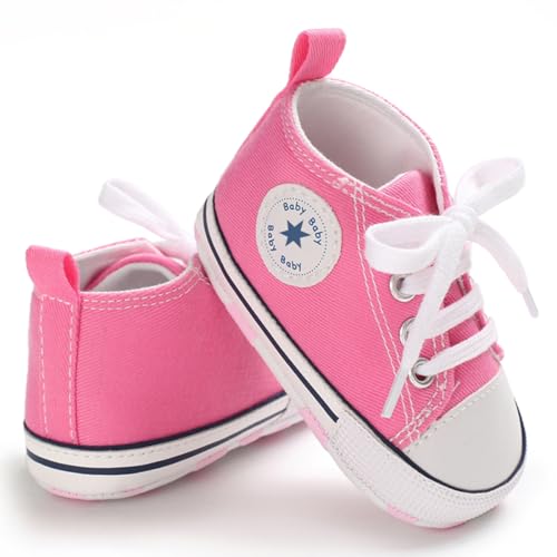 Image of Unisex Baby Girls Boys Canvas High-top Shoes, Newborn Infant Anti-Slip Soft Sole Frist Walking Breathable Sneakers