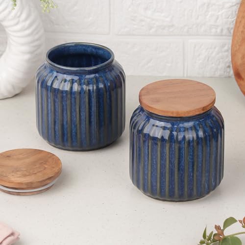 Image of The Earth Store Glam Blue Ceramic Jar Set of 2, 550ML | Wooden Air Tight Lid Jars for Pickles /Achar, Chutney, Sauces, Salt, Candy and Spices | Ceramic Jar for Kitchen, Gifting
