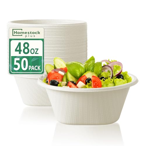 Homestockplus 48 Oz Bowls Disposable - Heavy Duty Compostable Paper Bowls Microwave Safe Large Bowls Ideal for Restaurant Catering Salads Buffets & Eco-Friendly Use - 50 Pack [White]