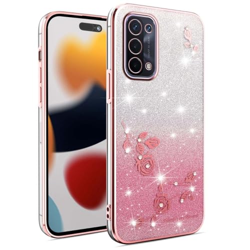 UPLAI Cover Glitter per OPPO A74 5G / OPPO A54 5G, Ultra Sottile Antiurto Custodia Brillare con Bordo Elettrolitico, Trasparente TPU Silicone Elegante Ragazze Caso. Rosa