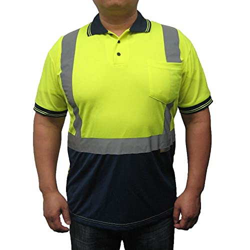 3C Products STP2100, ANSI/ISEA Class 2, Safety Polo Shirt, Dry-Fast, UV Protection, Reflective, Neon Green w/Navy Bottom,S