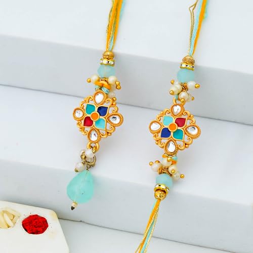 Image of eCraftIndia Multicolor Kundan Designer Rakhis for Brother and Bhabhi | Bhaiya Bhabhi Rakhi Set of 2