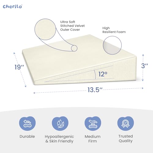 Image of Cherilo Half Size Elevated Wedge Pillow for Baby Crib & Mattress, Helps to Elevate Baby for Acid Reflux, Colic, GERD, Heat Burn & Vomiting | 19 inch x 13.5 inch x 3 inch | - with Removable Velvet Cover - Cream