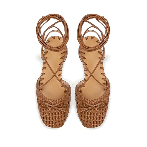 Image of Woven Ballet Flats for Women Lace Up Closed Square Toe Summer Sandals Dressy Shoes