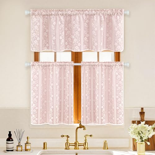 Alishomtll Scheibengardinen Rosa, Modern Kurz Bistrogardine, Doppellagig Küchengardinen mit Leinen und Spitze, Landhausstil Fenstergardinen, Kurzgardine für Küche Fenster Wohnzimmer 120Bx45H cm
