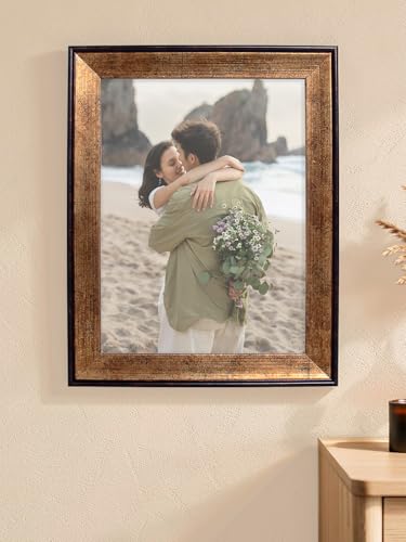 Image of GOLDEN PEACOCK 6x8 Inch Photo Frame - Antique Gold & Dark Brown Finish | Vintage Decorative Tabletop & Wall Hanging Picture Frame for Home, Office & Living Room