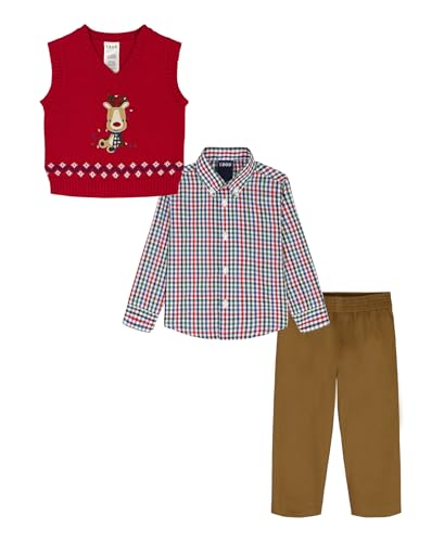 IZOD boys 3-piece Sweater Set With Holiday Sweater Vest, Collared Button-down Dress Shirt, and Pants2
