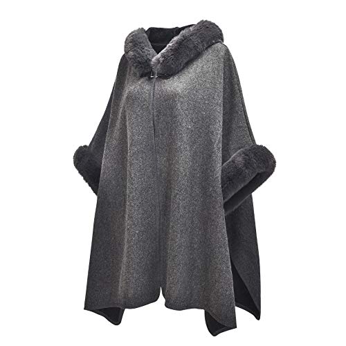 Image of ZLYC Women Winter Fashion Faux Fur Trim Layers Hooded Cardigan Warm Cape Sweater Cloak