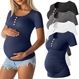 Sweetyweee 4 Pack Womens Maternity Shirts Scoop Neck Cotton Short Sleeve Ribbed Pregnancy Top Henley Side...